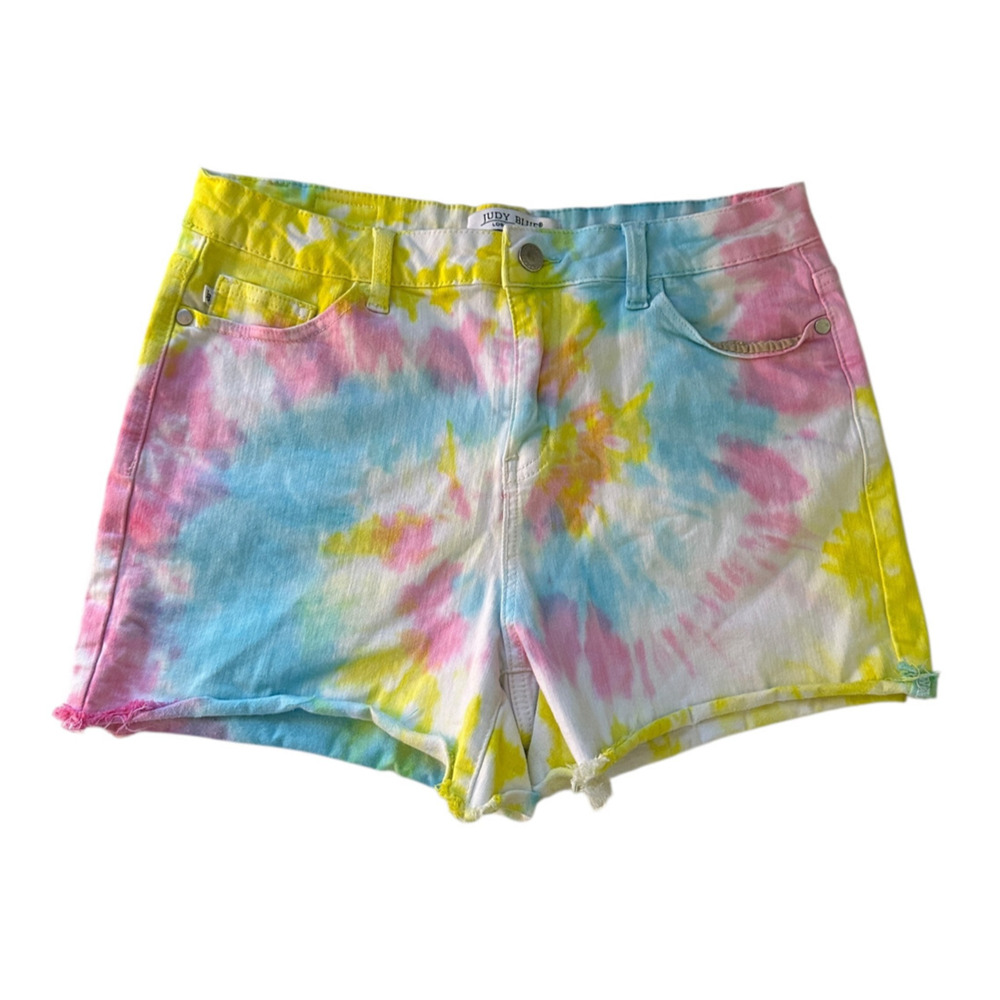 ✨2/$20 Judy Blue Swirl Tie Dye Raw Cut Off Denim Shorts Large Summer Festival - Picture 2 of 16